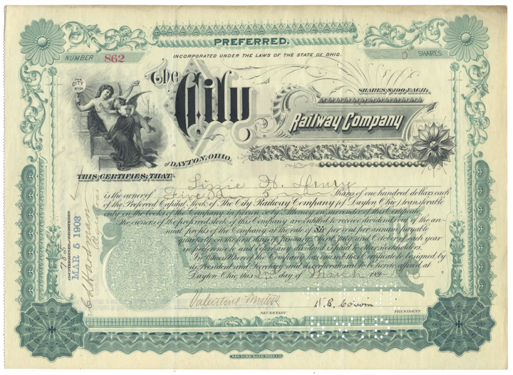 City Railway Company of Dayton, Ohio Stock Certificate