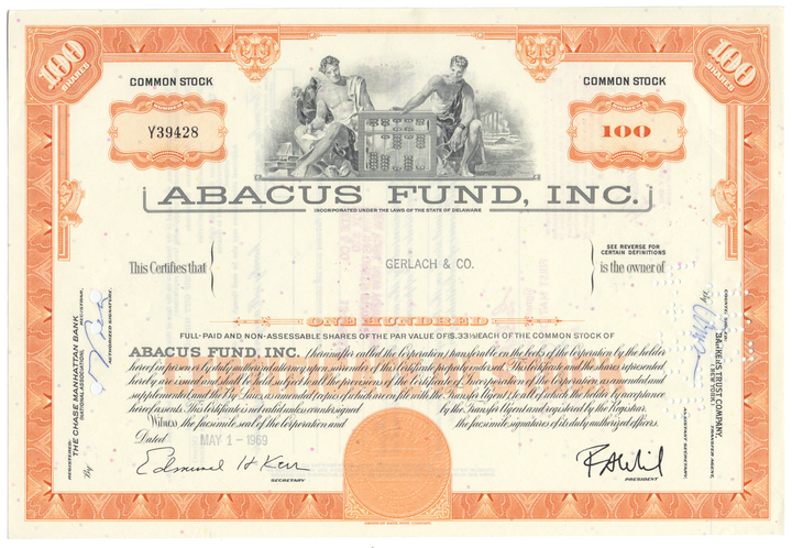 Abacus Fund, Inc. Stock Certificate