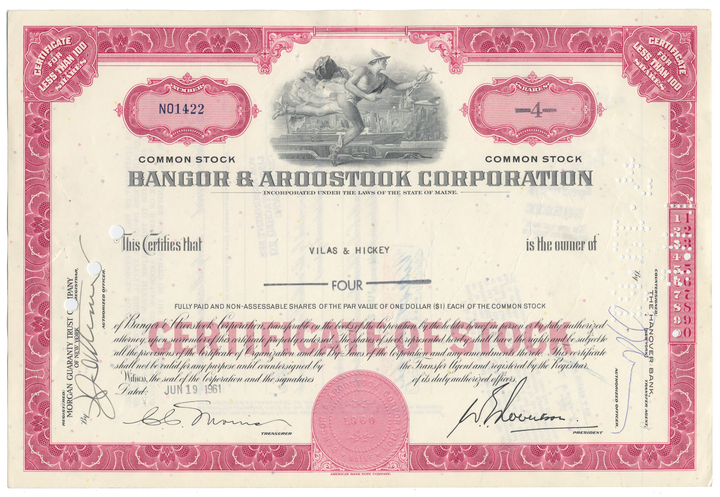 Bangor & Aroostook Corporation Stock Certificate