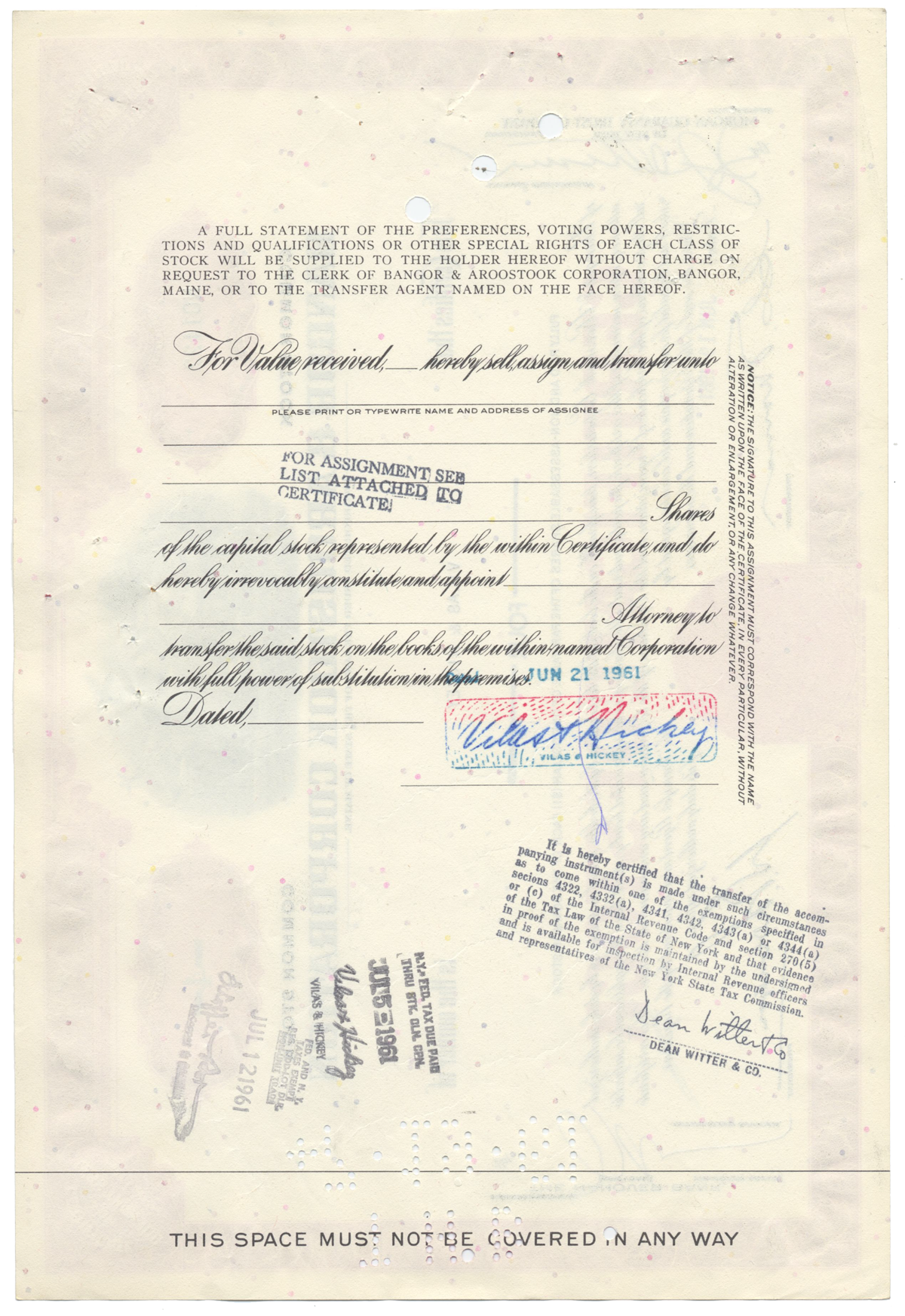 Bangor & Aroostook Corporation Stock Certificate