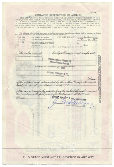 Container Corporation of America Stock Certificate