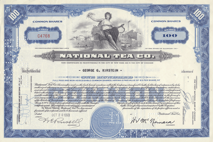 National Tea Co. Stock Certificate