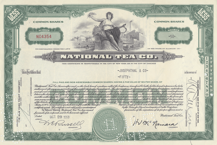 National Tea Co. Stock Certificate