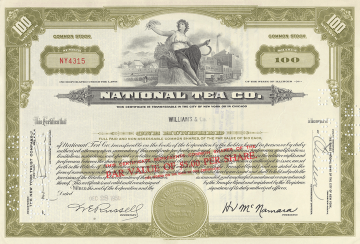 National Tea Co. Stock Certificate