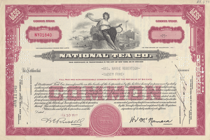 National Tea Co. Stock Certificate