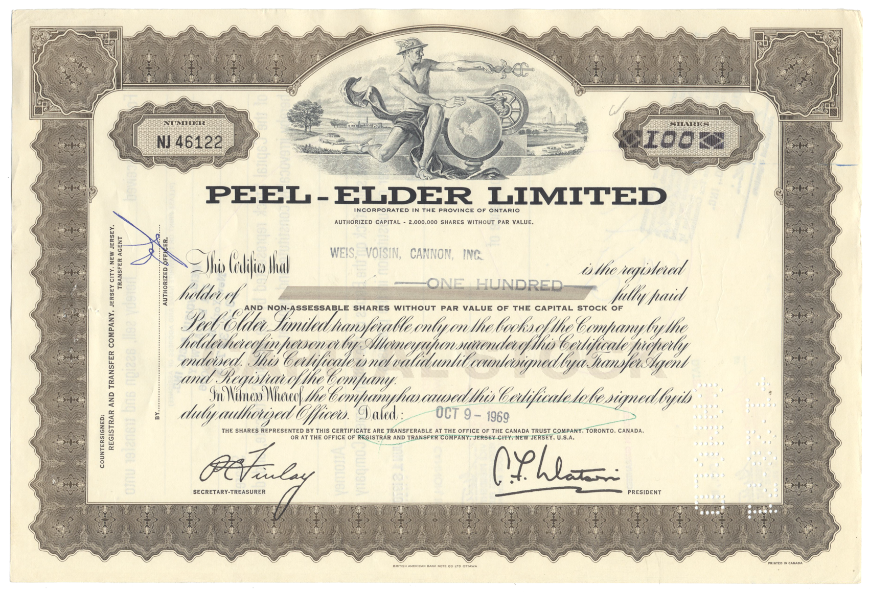 Peel-Elder Limited Stock Certificate