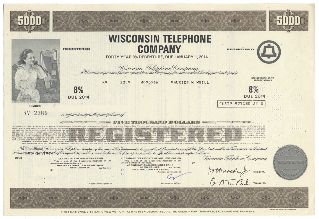 Wisconsin Telephone Company Bond Certificate