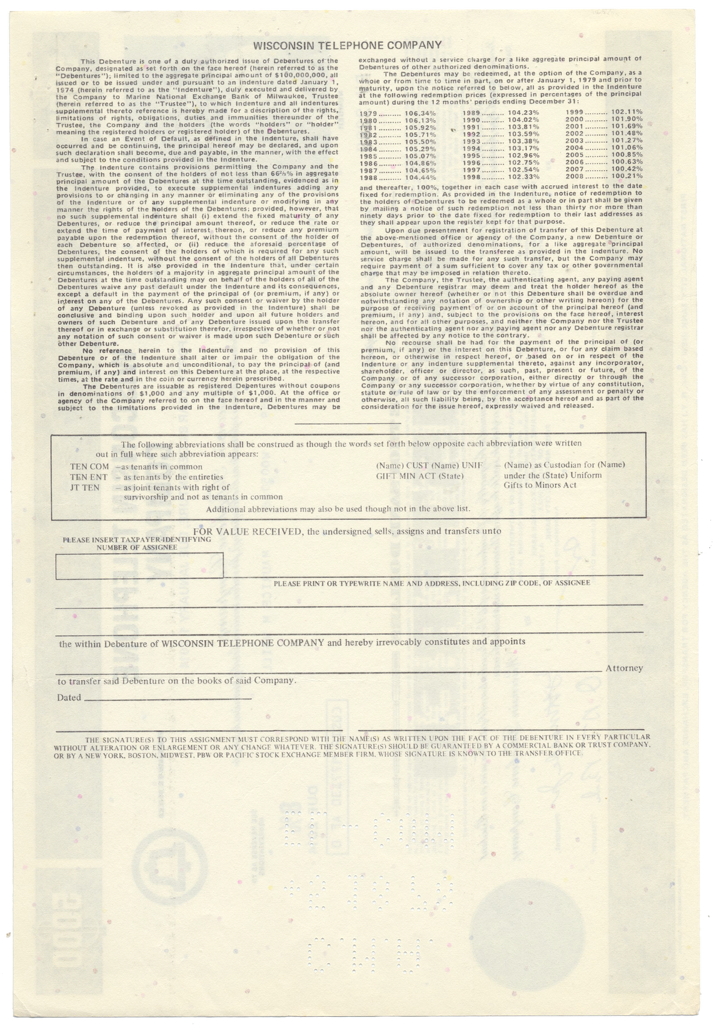 Wisconsin Telephone Company Bond Certificate