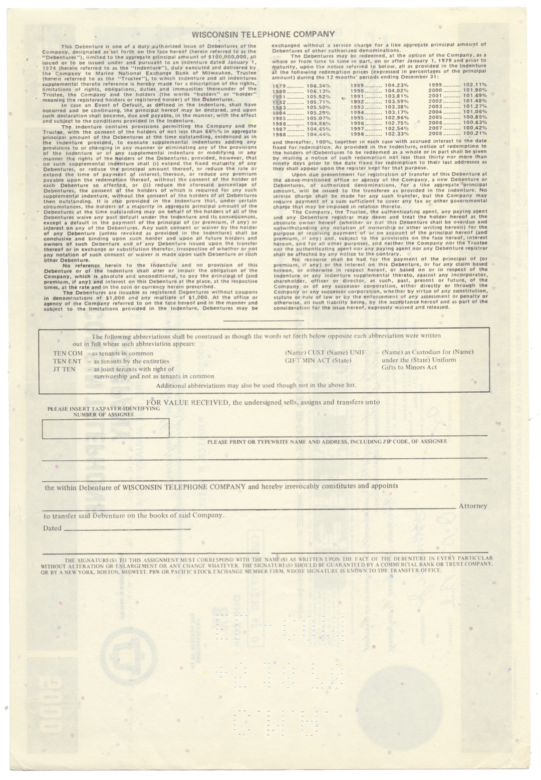 Wisconsin Telephone Company Bond Certificate