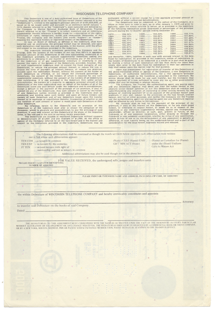 Wisconsin Telephone Company Bond Certificate