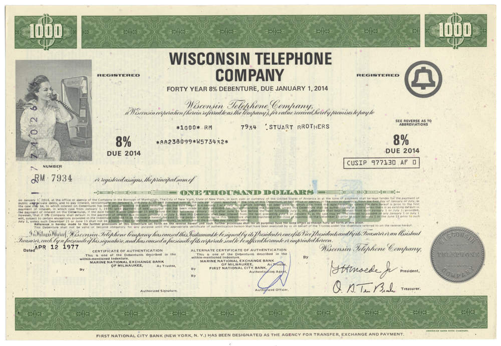 Wisconsin Telephone Company Bond Certificate