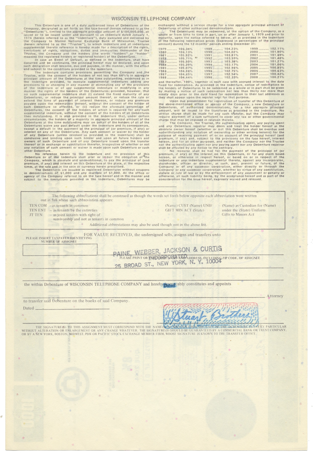 Wisconsin Telephone Company Bond Certificate