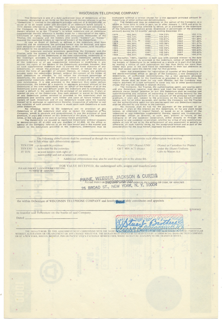 Wisconsin Telephone Company Bond Certificate