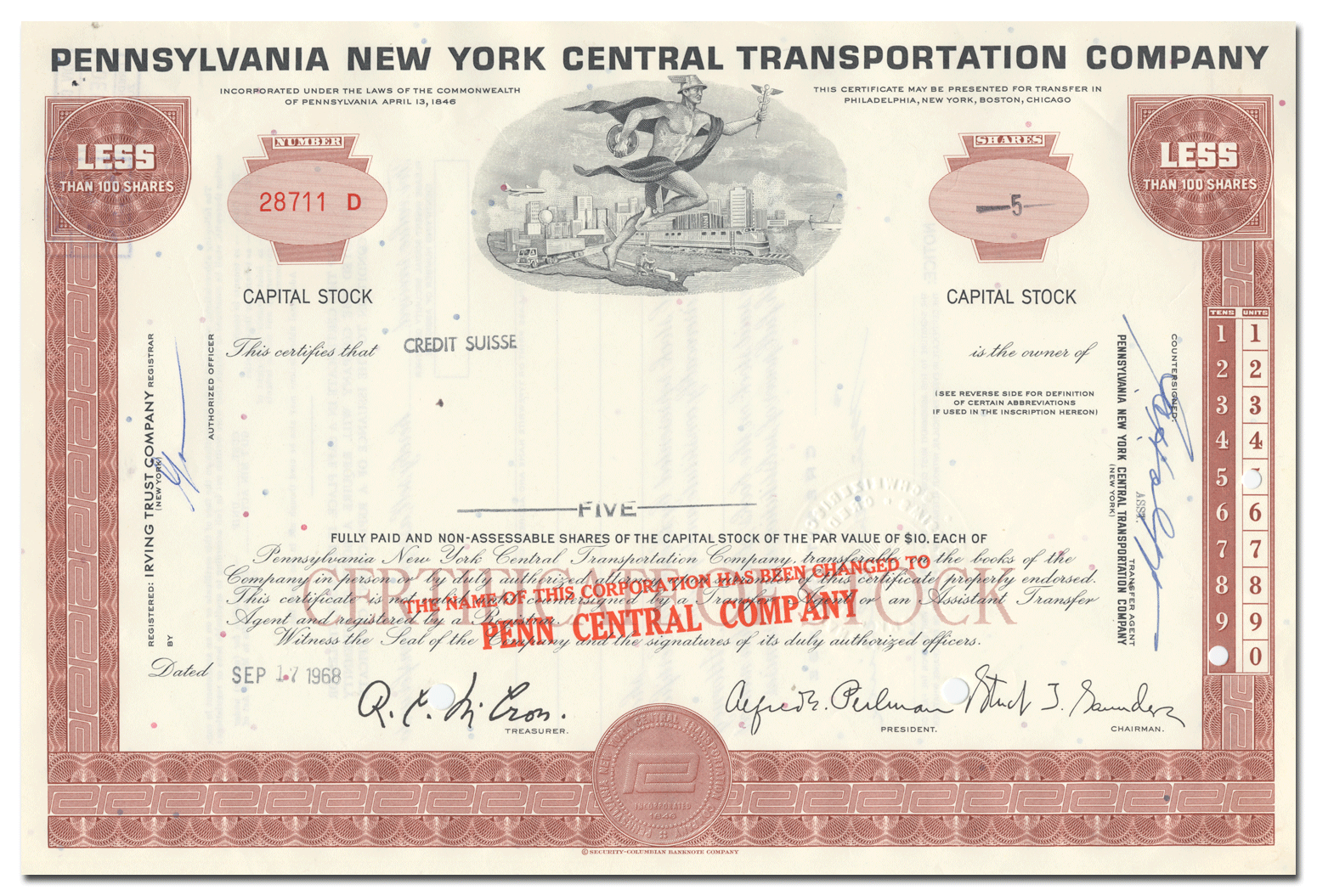 Pennsylvania New York Central Transportation Company Stock Certificate