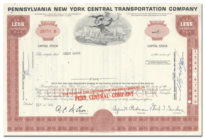 Pennsylvania New York Central Transportation Company Stock Certificate