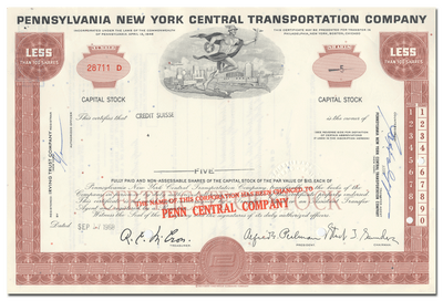 Pennsylvania New York Central Transportation Company Stock Certificate