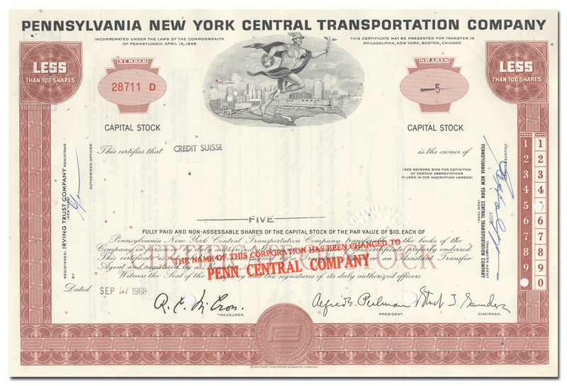 Pennsylvania New York Central Transportation Company Stock Certificate