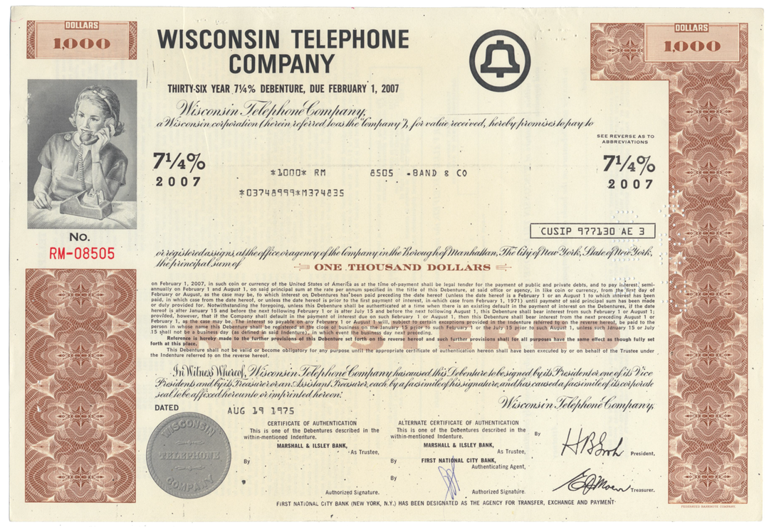 Wisconsin Telephone Company Bond Certificate