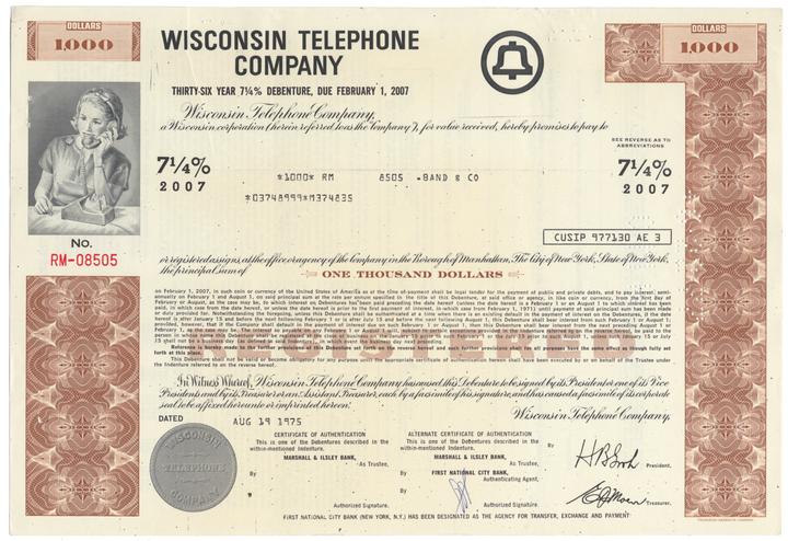 Wisconsin Telephone Company Bond Certificate