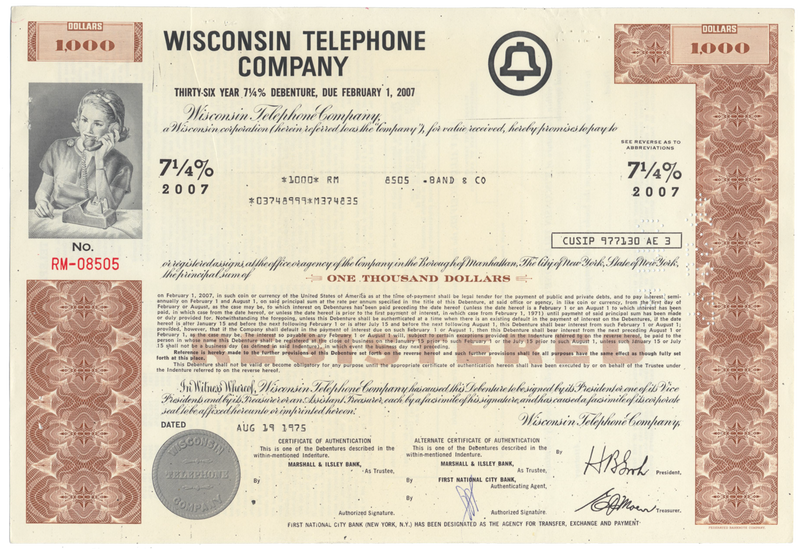 Wisconsin Telephone Company Bond Certificate