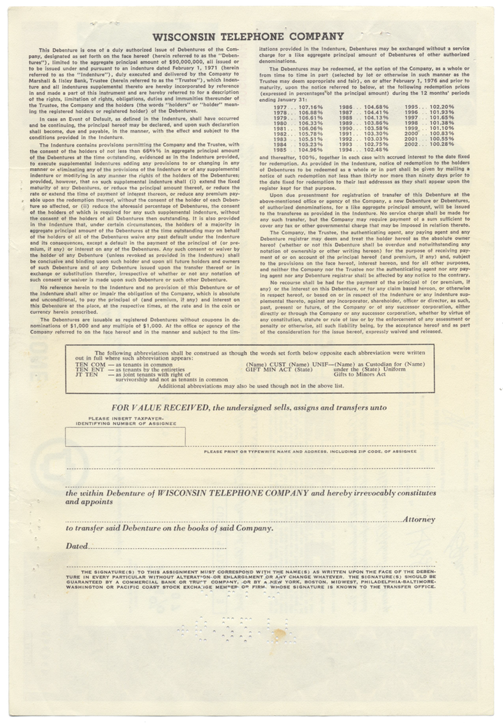 Wisconsin Telephone Company Bond Certificate