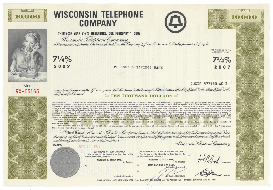 Wisconsin Telephone Company Bond Certificate