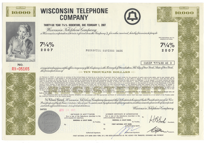 Wisconsin Telephone Company Bond Certificate