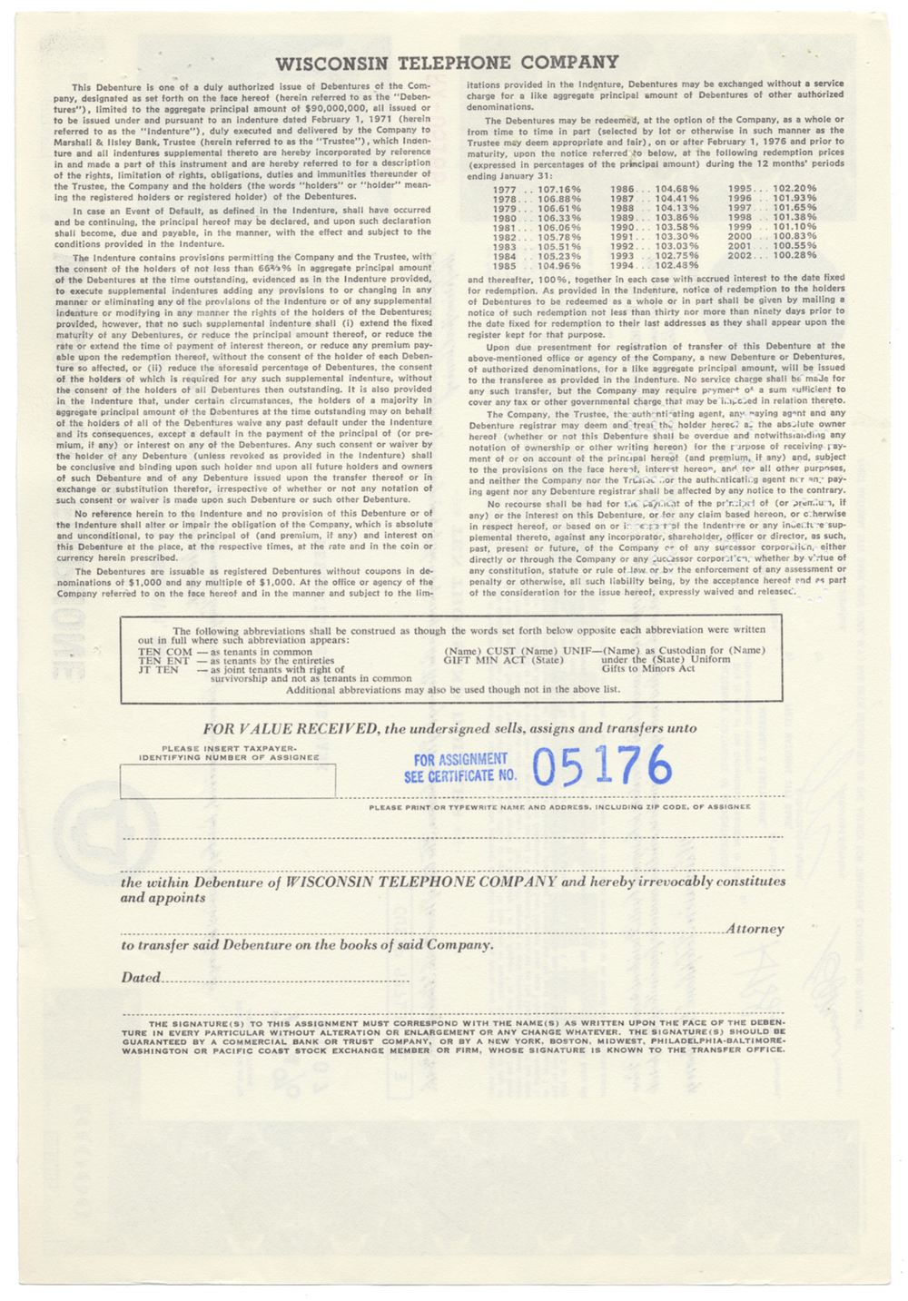 Wisconsin Telephone Company Bond Certificate