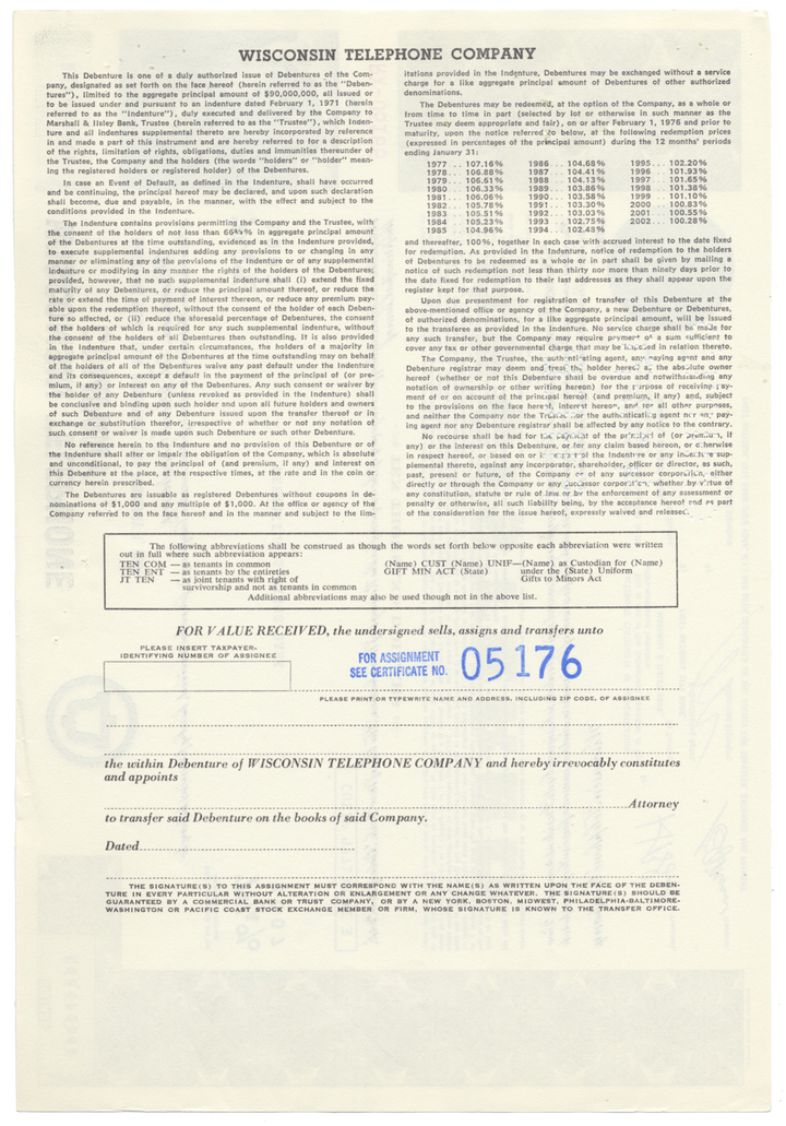 Wisconsin Telephone Company Bond Certificate