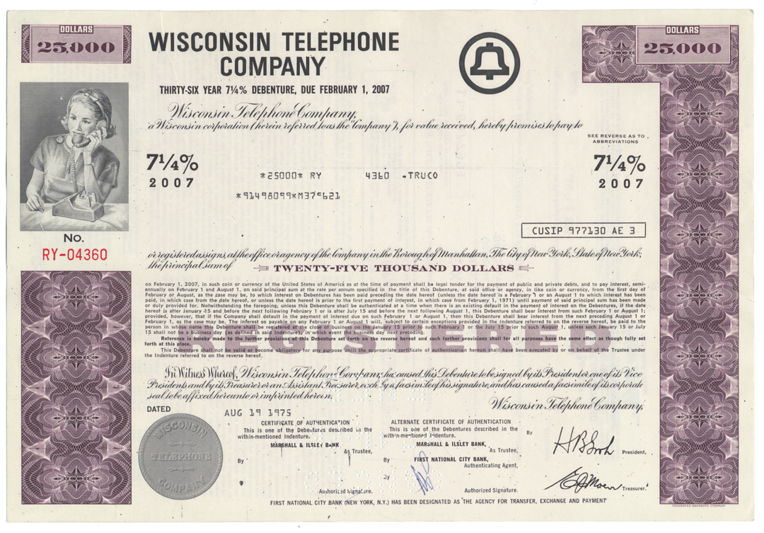 Wisconsin Telephone Company Bond Certificate