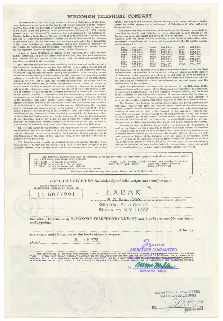 Wisconsin Telephone Company Bond Certificate