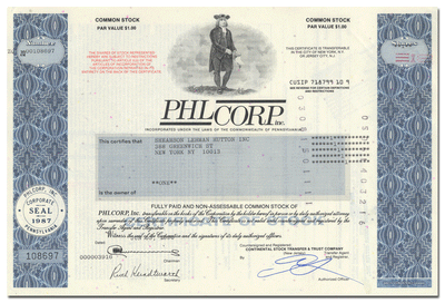 PHL Corp., Inc. Stock Certificate