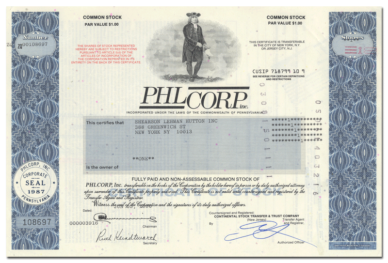 PHL Corp., Inc. Stock Certificate
