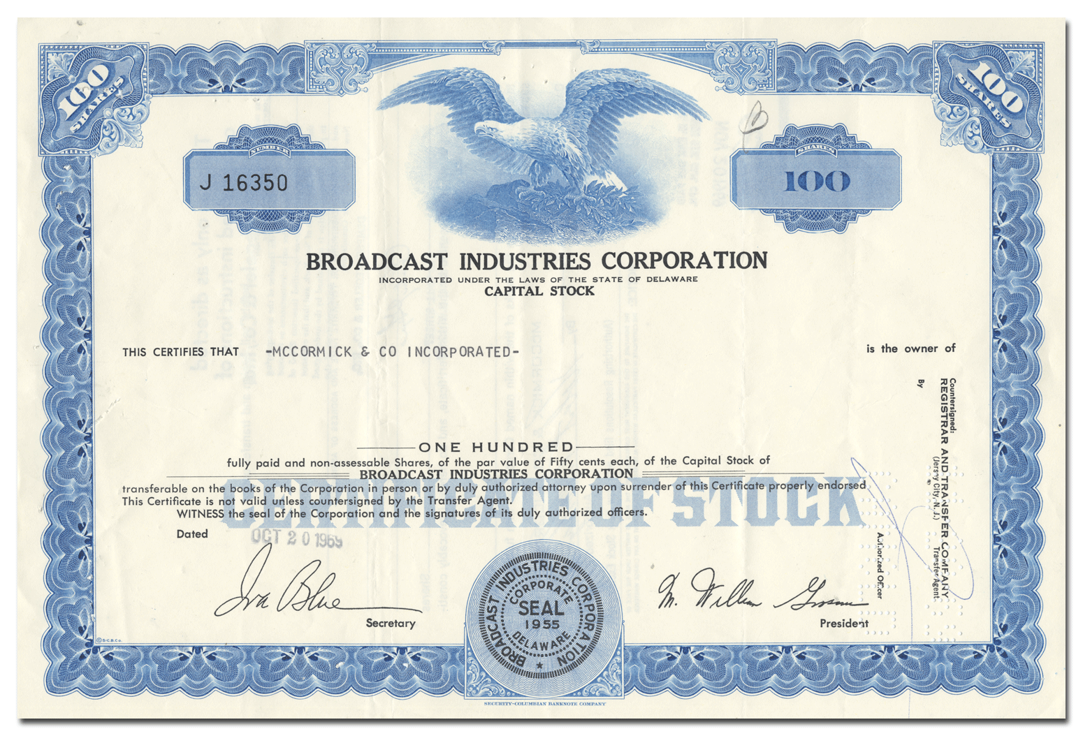 Broadcast Industries Corporation Stock Certificate