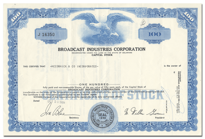 Broadcast Industries Corporation Stock Certificate