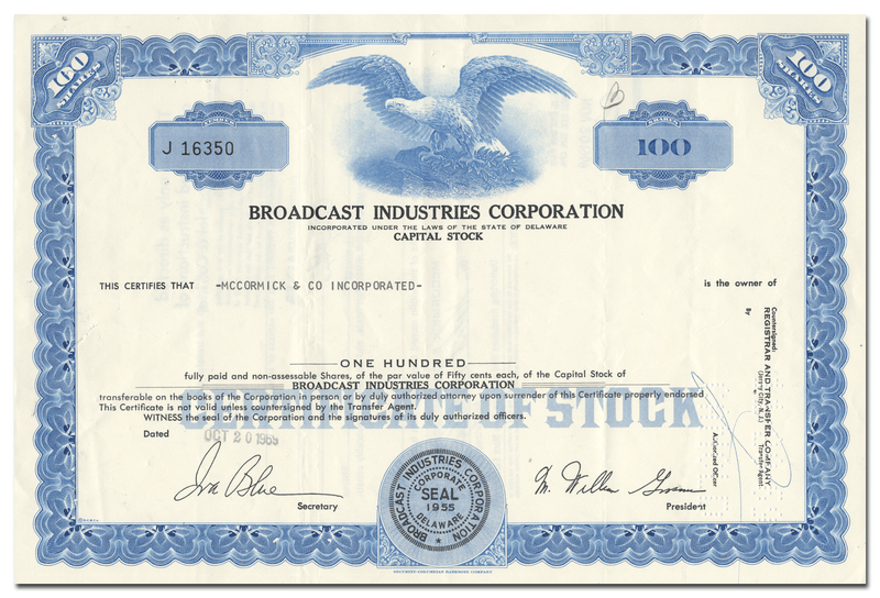 Broadcast Industries Corporation Stock Certificate