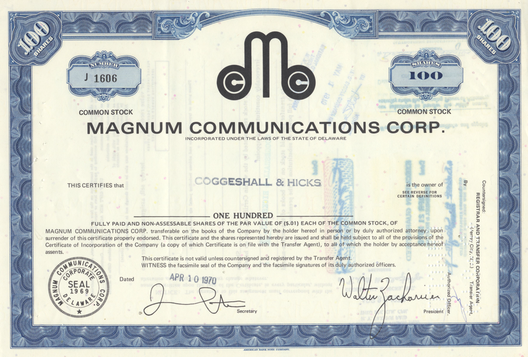 Magnum Communciations Corp. Stock Certificate