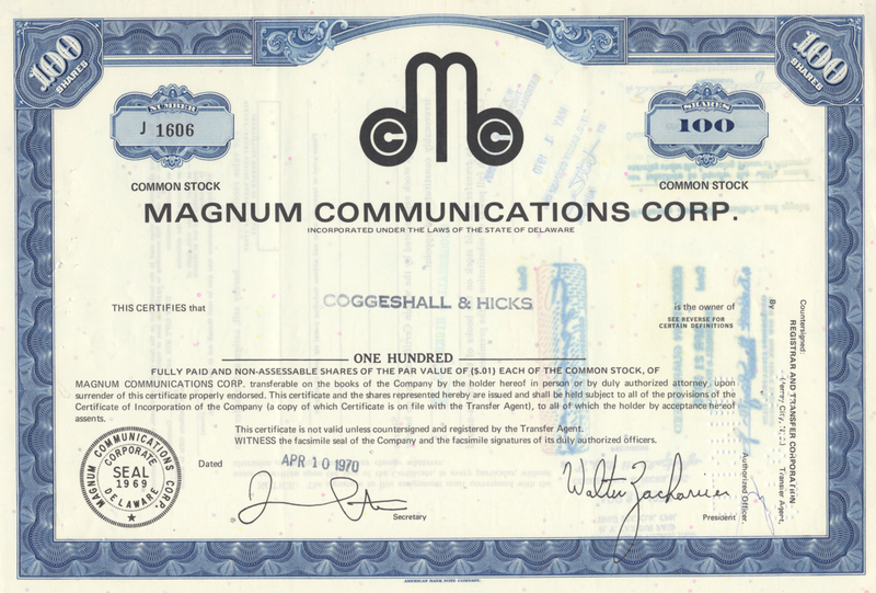 Magnum Communciations Corp. Stock Certificate
