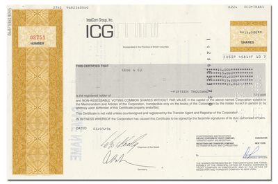 IntelCom Group, Inc. Stock Certificate