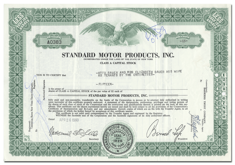 Standard Motor Products, Inc. Stock Certificate