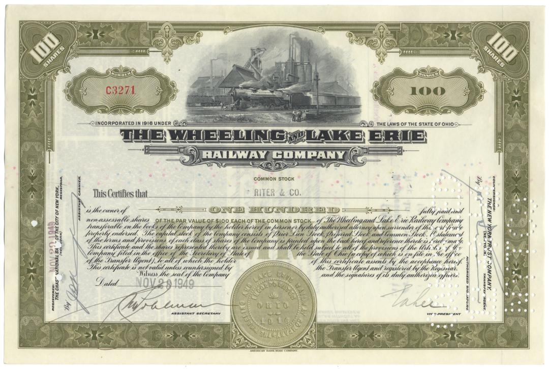 Wheeling and Lake Erie Railway Company Stock Certificate