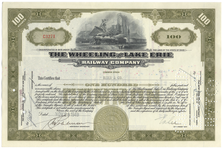 Wheeling and Lake Erie Railway Company Stock Certificate