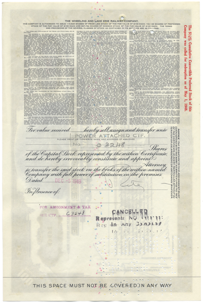 Wheeling and Lake Erie Railway Company Stock Certificate