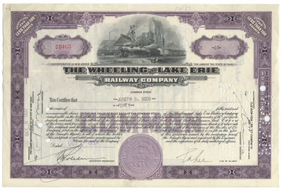 Wheeling and Lake Erie Railway Company Stock Certificate