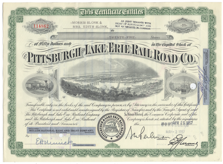 Pittsburgh and Lake Erie Railroad Company Stock Certificate