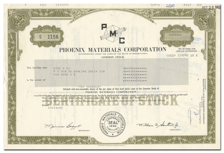 Phoenix Materials Corporation Stock Certificate