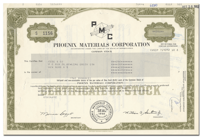 Phoenix Materials Corporation Stock Certificate