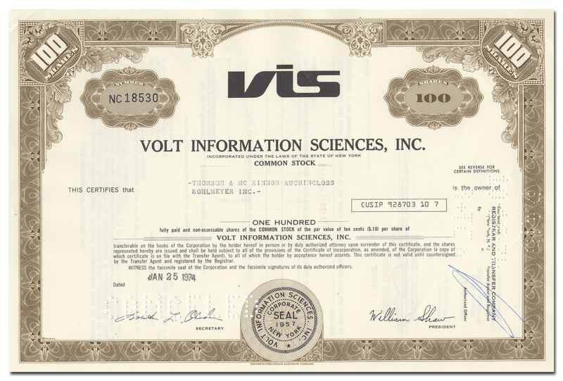 Volt Information Sciences, Inc. Stock Certificate