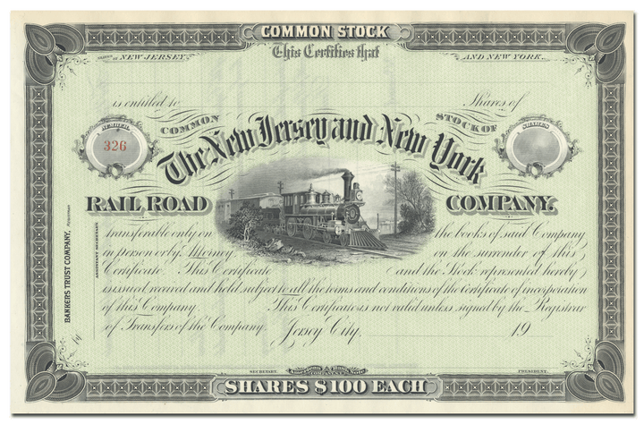 New Jersey and New York Rail Road Company Stock Certificate