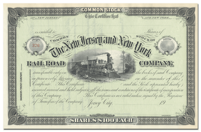 New Jersey and New York Rail Road Company Stock Certificate